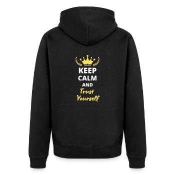 "Bleib ruhig und vertraue dir selbst" - Unisex Premium Bio Zip Hoodie - Schwarz - Hinten - Nico (187cm)