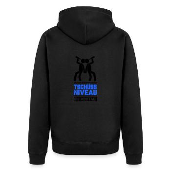 tschüss niveau 02 - Unisex Premium Bio Zip Hoodie - Schwarz - Hinten - Nico (187cm)