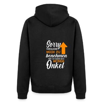 Ich versuche mich zu benehmen - Onkel - Unisex Premium Bio Zip Hoodie - Schwarz - Hinten - Nico (187cm)