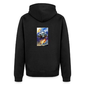 Alien | UFO | Raumschiff | UAP | Wasserfarben - Unisex Premium Bio Zip Hoodie - Schwarz - Hinten - Nico (187cm)