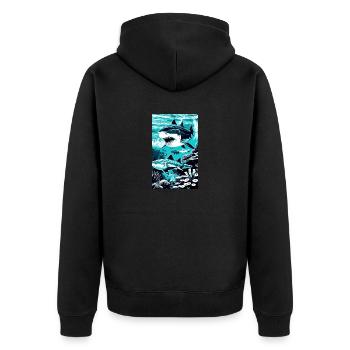 Hai | Weißer Hai | Meerestier | Fisch - Unisex Premium Bio Zip Hoodie - Schwarz - Hinten - Nico (187cm)