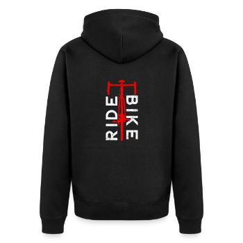 Fahrradtypographie und roter Rennradschmutz - Unisex Premium Bio Zip Hoodie - Schwarz - Hinten - Nico (187cm)