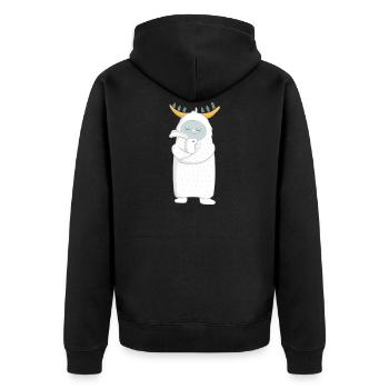 Yeti mit Häschen im Arm - Unisex Premium Bio Zip Hoodie - Schwarz - Hinten - Nico (187cm)