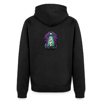 Außerirdisches UFO Lustige Entführung von Katze, Kuh und Dino - Unisex Premium Bio Zip Hoodie - Schwarz - Hinten - Nico (187cm)