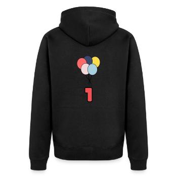 1. 1 Jahr. 1. JAHRESTAG. 1-JÄHRIGES JUBILÄUM - Unisex Premium Bio Zip Hoodie - Schwarz - Hinten - Nico (187cm)