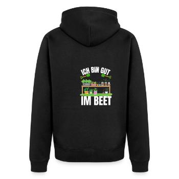 Ich bin gut im Beet Lustiges Geschenk Gärtner - Unisex Premium Bio Zip Hoodie - Schwarz - Hinten - Nico (187cm)