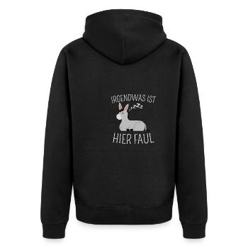 Irgendwas ist hier faul Lustiges Geschenk Esel - Unisex Premium Bio Zip Hoodie - Schwarz - Hinten - Nico (187cm)