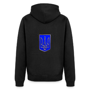 Ukraine Wappen Schild Trident Dreizack Goldlook 3 - Unisex Premium Bio Zip Hoodie - Schwarz - Hinten - Nico (187cm)