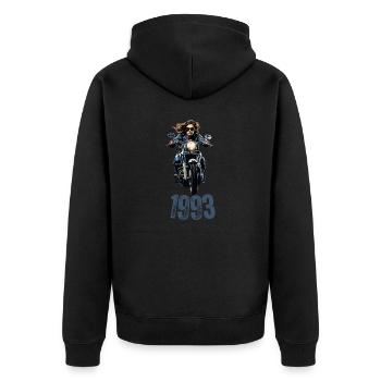 1993, Motorrad, Frau - Unisex Premium Bio Zip Hoodie - Schwarz - Hinten - Nico (187cm)