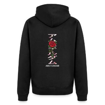 Amsterdam in Japanisch mit Rosen und Kirschblüten - Unisex Premium Bio Zip Hoodie - Schwarz - Hinten - Nico (187cm)