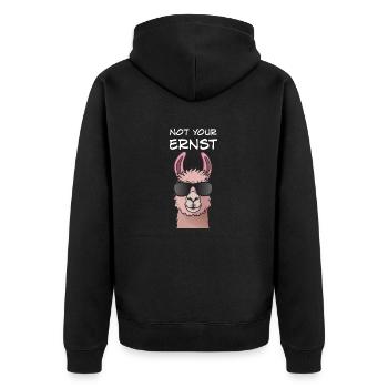 Not Your Ernst - Llama Alpaka Denglisch Spruch - Unisex Premium Bio Zip Hoodie - Schwarz - Hinten - Nico (187cm)