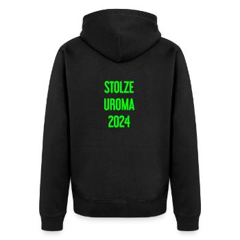 Stolze Uroma 2024 - Unisex Premium Bio Zip Hoodie - Schwarz - Hinten - Nico (187cm)