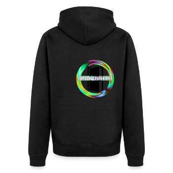 Tuer schliessen bitte | Tür schließen bitte - Unisex Premium Bio Zip Hoodie - Schwarz - Hinten - Nico (187cm)