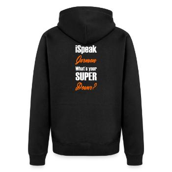 I speak German whats your super power 4 German - Unisex Premium Organic Zip Hoodie - black - Back - Nico (187cm)