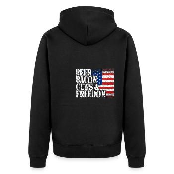 4. Juli: Bier, Speck, Pistole und Freiheit - Unisex Premium Bio Zip Hoodie - Schwarz - Hinten - Nico (187cm)