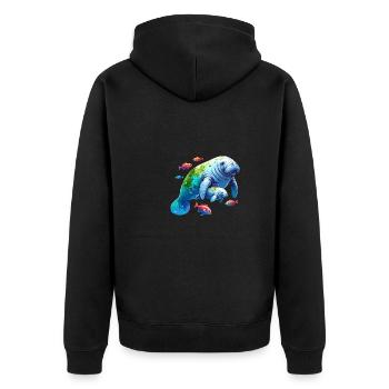 Seekuh mit Kalb und kleinen bunten Fischen - Unisex Premium Bio Zip Hoodie - Schwarz - Hinten - Nico (187cm)