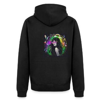 retro, 90's,90er,vibes, neon,Sterne,Kostüm - Unisex Premium Bio Zip Hoodie - Schwarz - Hinten - Nico (187cm)