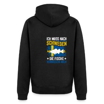 Schweden Angeltrip Angeltour Hecht - Unisex Premium Bio Zip Hoodie - Schwarz - Hinten - Nico (187cm)