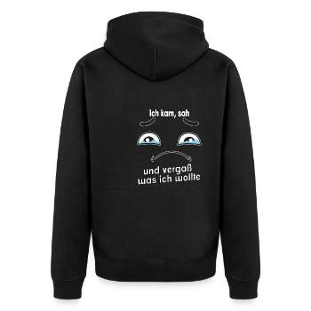 Ich kam, sah und vergaß was ich wollte. - Unisex Premium Bio Zip Hoodie - Schwarz - Hinten - Nico (187cm)