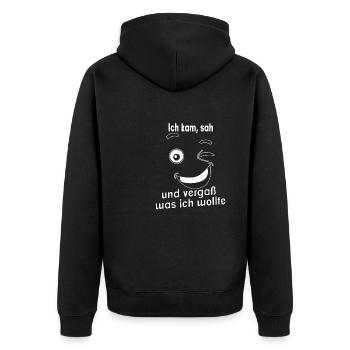 Ich kam, sah und vergaß was ich wollte. - Unisex Premium Bio Zip Hoodie - Schwarz - Hinten - Nico (187cm)