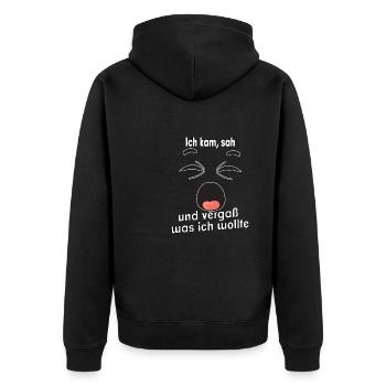 Ich kam, sah und vergaß was ich wollte. - Unisex Premium Bio Zip Hoodie - Schwarz - Hinten - Nico (187cm)
