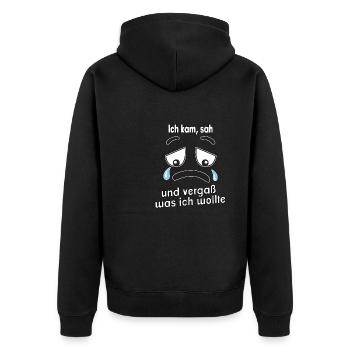 Ich kam, sah und vergaß was ich wollte. - Unisex Premium Bio Zip Hoodie - Schwarz - Hinten - Nico (187cm)