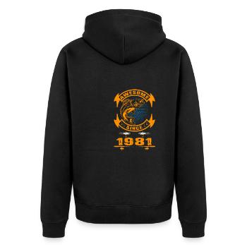 Awesome since 1981. Angel, Angler Geburtstag - Unisex Premium Bio Zip Hoodie - Schwarz - Hinten - Nico (187cm)