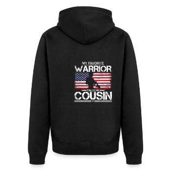Stolzer amerikanischer Cousin - Unisex Premium Bio Zip Hoodie - Schwarz - Hinten - Nico (187cm)