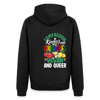 Compassion knows no boundaries - vegan and queer - Unisex Premium Bio Zip Hoodie - Schwarz - Hinten - Nico (187cm)