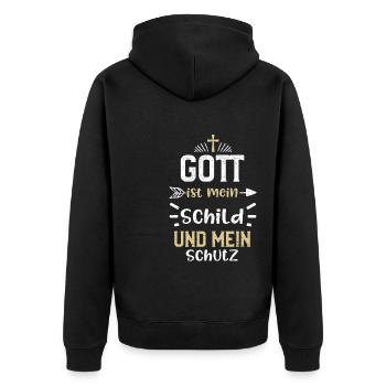 Gott ist mein Schild und mein Sc... - Unisex Premium Bio Zip Hoodie - Schwarz - Hinten - Nico (187cm)