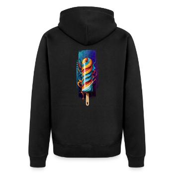 Spiral Sweetness: Regenbogen-Lutscher - Unisex Premium Bio Zip Hoodie - Schwarz - Hinten - Nico (187cm)