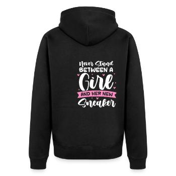 Never Stand Between A Girl And Sneakers Funny - Unisex Premium Bio Zip Hoodie - Schwarz - Hinten - Nico (187cm)