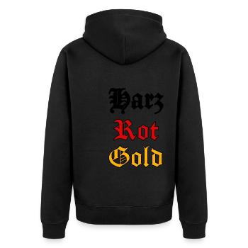 Harz Rot Gold Schriftzug Altdeutsch Deutschland - Unisex Premium Bio Zip Hoodie - Schwarz - Hinten - Nico (187cm)
