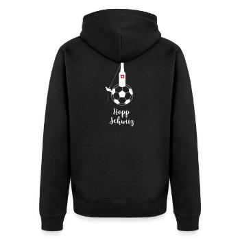 Hopp Schwiiz - Unisex Premium Bio Zip Hoodie - Schwarz - Hinten - Nico (187cm)
