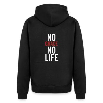 Keine Gnade Kein Leben - Unisex Premium Bio Zip Hoodie - Schwarz - Hinten - Nico (187cm)
