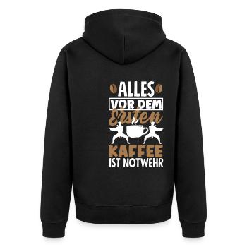 Alles vor dem ersten Kaffee ist Notwehr Lustiges - Unisex Premium Bio Zip Hoodie - Schwarz - Hinten - Nico (187cm)