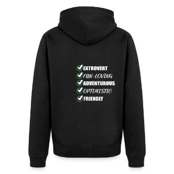 Extrovertiert lustig Abenteuerliche Person Geschen - Unisex Premium Bio Zip Hoodie - Schwarz - Hinten - Nico (187cm)