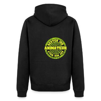 Geschenk für Animateur - Unisex Premium Bio Zip Hoodie - Schwarz - Hinten - Nico (187cm)