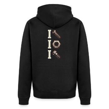 T Hardware Icon Trio - Unisex Premium Bio Zip Hoodie - Schwarz - Hinten - Nico (187cm)