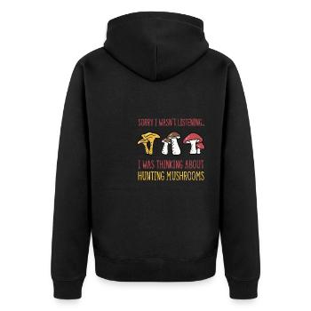 Ironisches Sprichwort zur Pilzjagd - Unisex Premium Bio Zip Hoodie - Schwarz - Hinten - Nico (187cm)