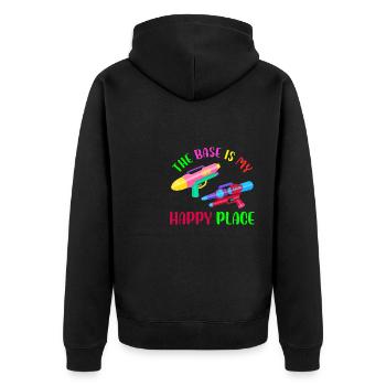 The Base is my happy place | Laser Tag player - Unisex Premium Bio Zip Hoodie - Schwarz - Hinten - Nico (187cm)