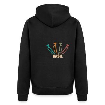 Geschenk für Basil - Unisex Premium Bio Zip Hoodie - Schwarz - Hinten - Nico (187cm)