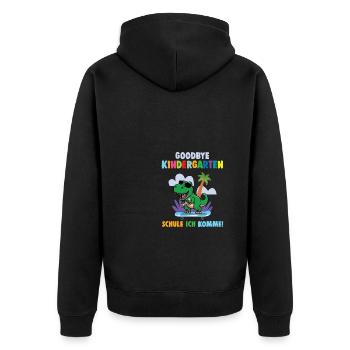 Einschulung Dino Schule Ich komme Schulkind - Unisex Premium Bio Zip Hoodie - Schwarz - Hinten - Nico (187cm)