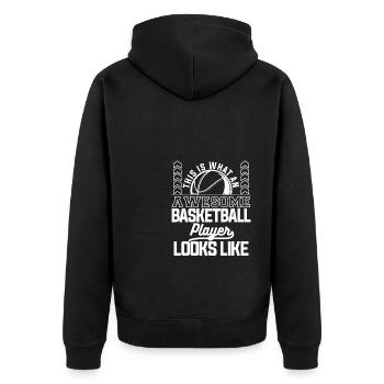 Ask Me About Basketball Actually You Don't Have To - Unisex Premium Bio Zip Hoodie - Schwarz - Hinten - Nico (187cm)