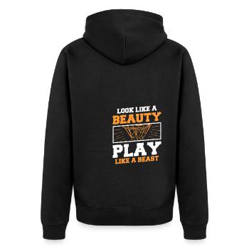 Ask Me About Basketball Actually You Don't Have To - Unisex Premium Bio Zip Hoodie - Schwarz - Hinten - Nico (187cm)