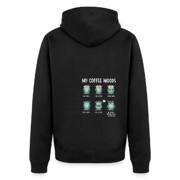 Meine Kaffee Stimmungen Morgenmuffel Geschenk Eule - Unisex Premium Bio Zip Hoodie - Schwarz - Hinten - Nico (187cm)