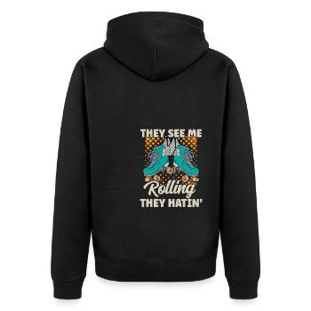Retro Roller Skates See Me Rollin - Unisex Premium Bio Zip Hoodie - Schwarz - Hinten - Nico (187cm)