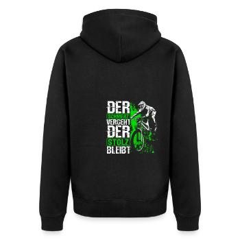 Mountainbike MTB Schmerz vergeht Stolz bleibt! MTB - Unisex Premium Bio Zip Hoodie - Schwarz - Hinten - Nico (187cm)
