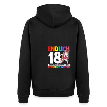 Endlich 18 Jetzt Muss Ich Nur Noch Erwachsen Werde - Unisex Premium Bio Zip Hoodie - Schwarz - Hinten - Nico (187cm)