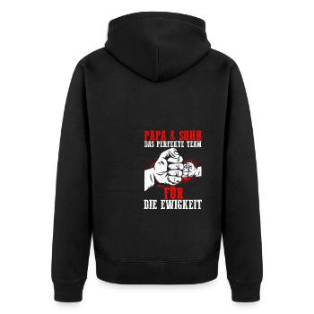 Papa & Sohn Das Perfekte Chaos Team Für Die Ewigke - Unisex Premium Bio Zip Hoodie - Schwarz - Hinten - Nico (187cm)